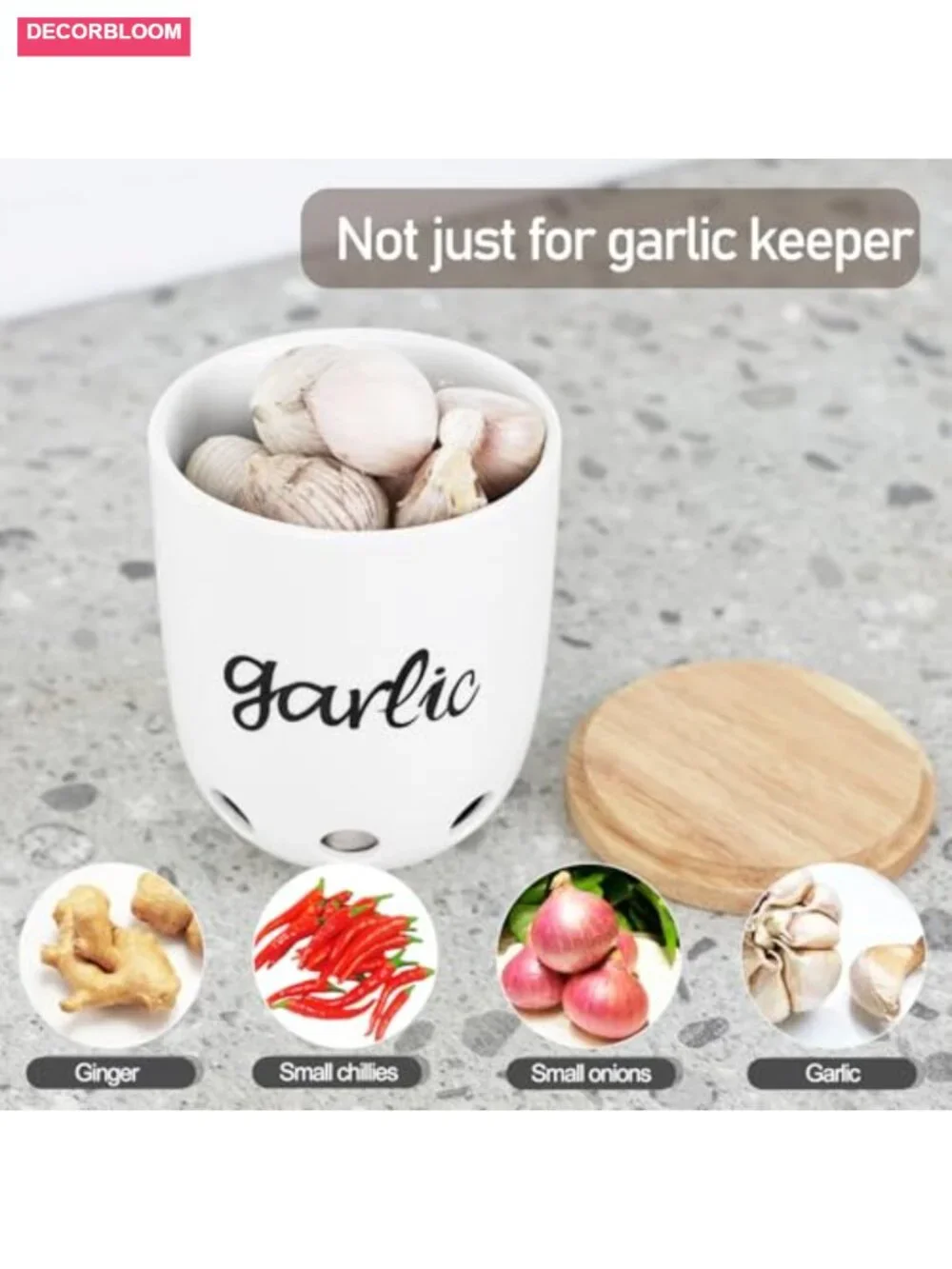 Ceramic Garlic Keeper with Wood Lid Countertop Storage